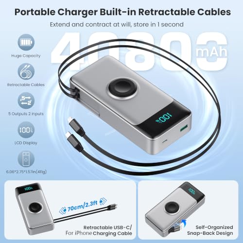 Image of 5-in-1 Portable Charger for iPhone,40800mAh Power Bank Built-in Retractable Cable and iWatch Charger,25W PD QC4.0 Fast Charging Battery Pack,Travel Essential Phone Charger for iPhone 17 /16 /15,Android