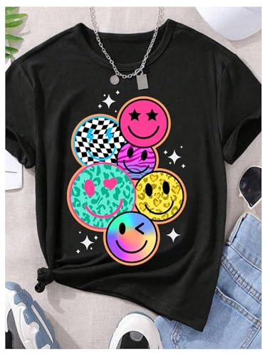 Image of Floerns Girl's Smiling Face Graphic Crew Neck T Shirt Short Sleeve Casual Cute Tee Top