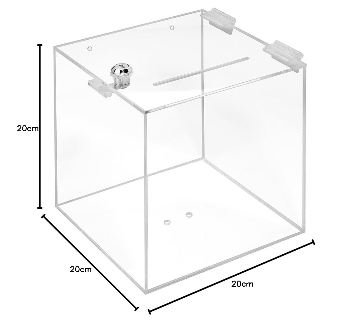 Zeigis® - Scatola per lotteria, in vetro acrilico, da 200 x 200 x 200 mm, con serratura, per donazioni, raccolta fondi o estrazione dei vincitori, in Plexiglas® trasparente, chiudibile a chiave