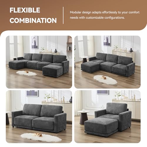 Image of 110.6 inch L Shaped Sectional Sofa, Modular Cloud Deep Seat Couch with Movable Ottoman, Oversized Thicked 4-Seats Sofas for Living Room, Chenille Grey