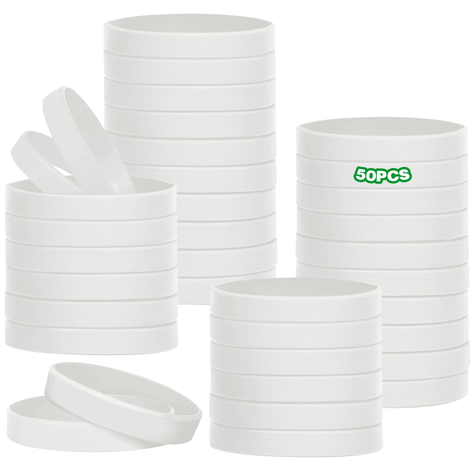 HONTIUS 50PCS Silicone Wristbands for Men Women, Rubber Wristbands Blank Wrist Bands Universal Wristband Set Bulk for Teens Sport Suitable for 12+ Aged White