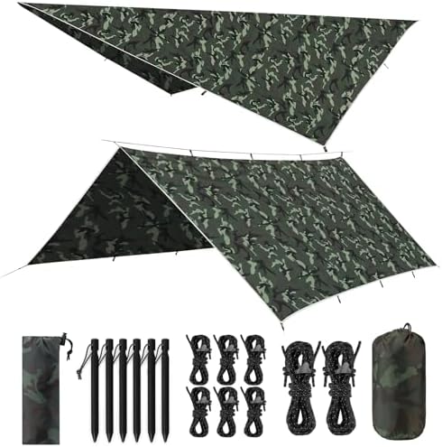 VOSOIR Tarp 3x4M Wasserdicht, Ultraleicht Camping Zeltplane, mit 15 Öse+6 Aluminiumstifte+8 Nylonseile, Anti-UV Schnee Regen Schutz, Leicht Kompakt für Hängematte Camping Picknick