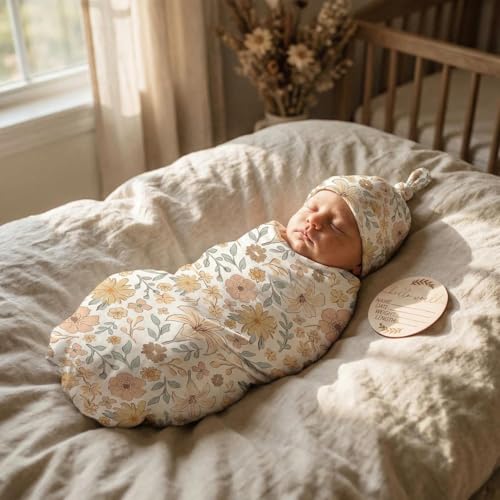 Image of Newborn Receiving Nursery Flower Blanket Baby Swaddle Wrap with Hat Set