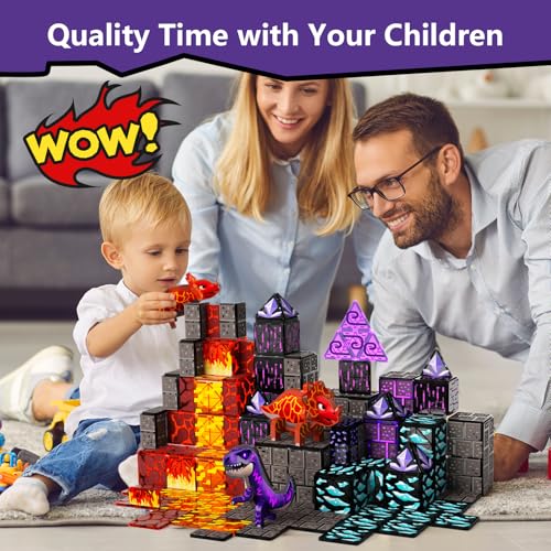 GobiDex Dinosaur Toys Magnetic Tiles Lava Cave Dinosaur World Set - Magnetic Building Blocks for Kids 3-5 5-7 Girls Boys Toys Age 4-6 6-8, STEM Sensory Toddler Birthday Gifts for 3+ Year Old Kids Toy - Image 6