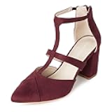 Michelle Women's Chunky Block Heel Pointed Toe T-Strap Dress Shoes - Elegant Suede Pumps for Office & Party