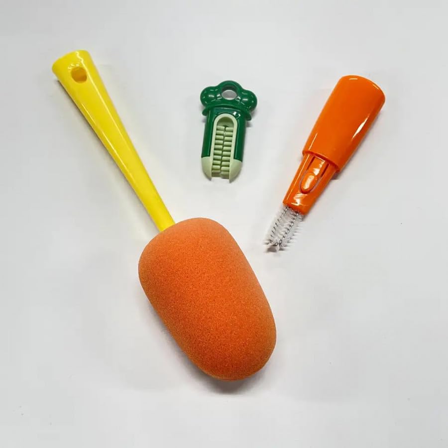 Bottle Cup Cleaning Sponge Silicone Brush - 3 in 1 Multipurpose Cleaner Tools with Long Handle for Thermos, Lid, Cup, Drinking Straw, Water Bottle, Tumbler Glass Mug Drill - Orange (Pack of 1)