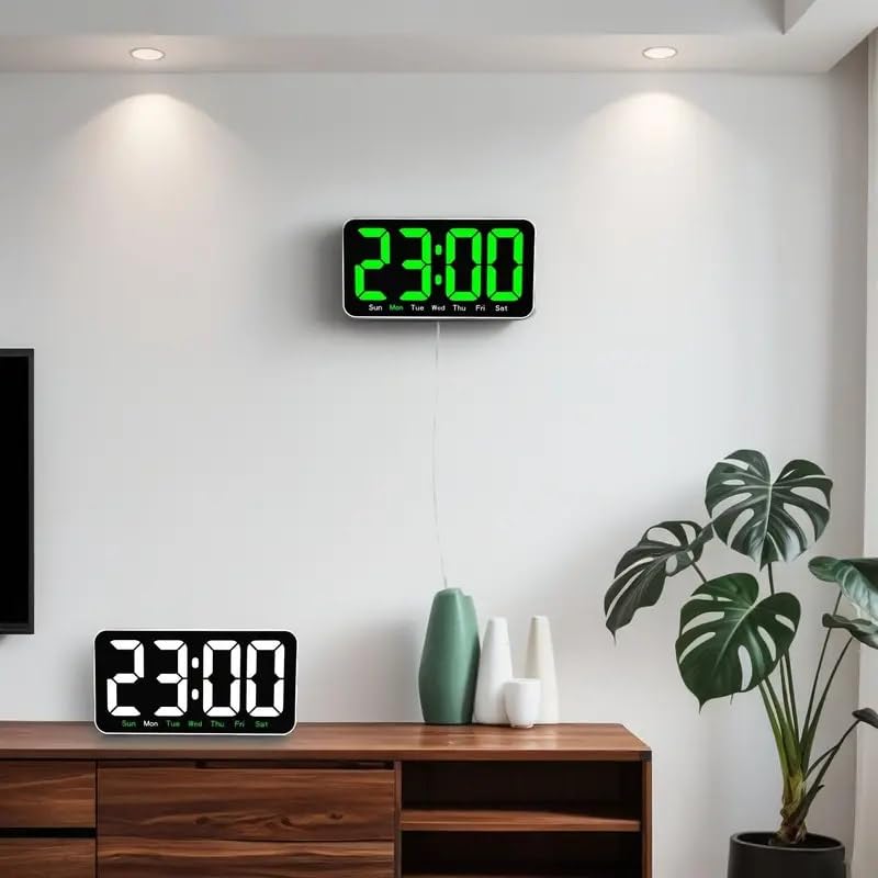 The ONTRIP DS-3826L Large Digital Wall Clock displayed in a room, both wall-mounted and on a desk, showing its versatility.