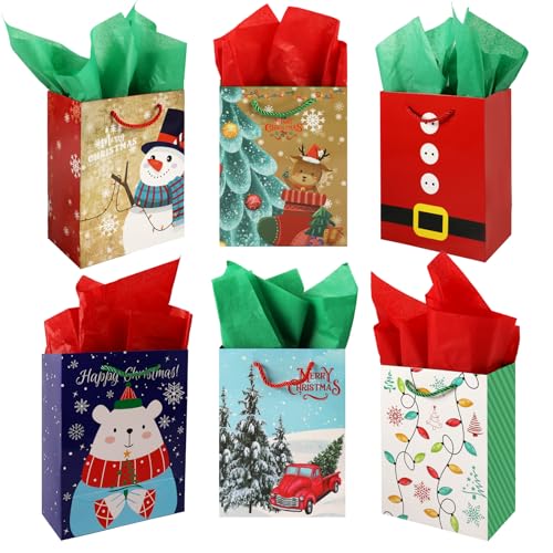 12PCS Christmas Gifts Bags, Christmas Kraft Paper Gift Bags with Tissue Paper, Xmas Party Bags with Handles Xmas Treat Sweets Bags (Festive)