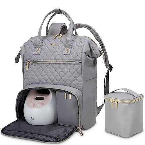Image of LOVEVOOK Breast Pump Backpack with Cooler Bag, Quilted Breast Pump Bags Fits Spectra S1, S2 Medela, Travel Double Layer Pumping Bag for Working Moms with 15.6" Laptop Pocket, Grey