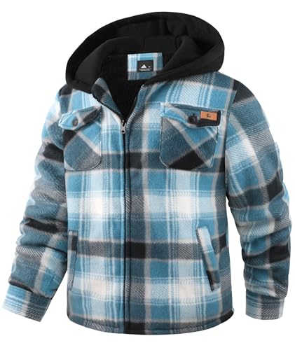 ZITY Boys Flannel Jacket Sherpa Lined Hoodies Zip Up Fleece Plaid Shirt Unisex Winter Coat Kids Outerwear 6-15 Years