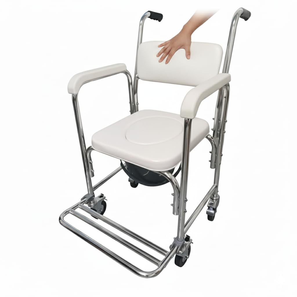 Silla de aluminio con inodoro y ruedas para WC y ducha | Reposapies Abatible y Bloqueo de las 4 Ruedas | Se Ajusta encima de casi todos los WC