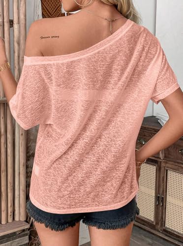 Image of Hilinker Women's Sheer Off The Shoulder Tops See Through Sexy Short Sleeve Mesh Shirt Summer
