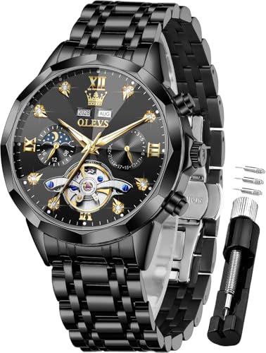 Image of OLEVS Men Automatic Watch Diamond Skeleton Mechanical Luxury Self Winding Moon Phase Calendar Waterproof Wrist Watch for Men