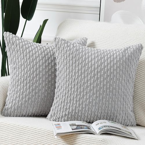 Madizz Pack of 2 Boho Corduroy Cushion Covers 22x22 inch, 55x55 cm, Light Grey Soft Decorative Throw Pillow Covers for Bedroom Sofa Pillow Shell
