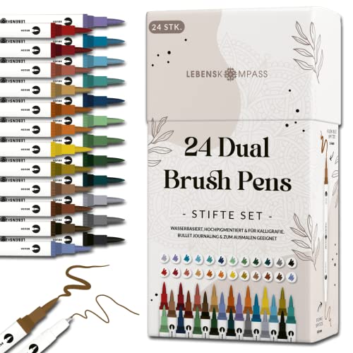 LEBENSKOMPASS Brush Pen Set mit 24 wasserbasierten Dual Brush Pen Stiften - Pinselstifte für: Malbuch für Erwachsene Handlettering Kalligraphie & dein Bullet Journal