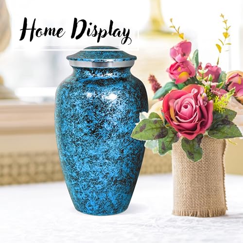 Image of ALPHA Living HOME Cremation Urn for Human Ashes Adult - Handcrafted Aluminum Memorial Funeral Urn with Marble Finish, Decorative Burial Urn with Secure Screw Lid (Blue)