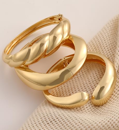 Image of Chunky Gold Bangle Bracelets for Women, Dainty 14k Gold Plated Big Stackable Bangles Set, Trendy Statement Cuff Bracelet Stack Fashion Jewelry Gifts