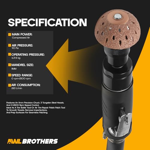 Image of Air Tire Repair Polish Patch Tools - 2500 RPM Low-Speed Tire Buffer with Tungsten Steel Buffing Wheel, Inner Liner Scraper, Patch Roller - Durable Tungsten Alloy Grinder for Tire & Rubber Maintenance