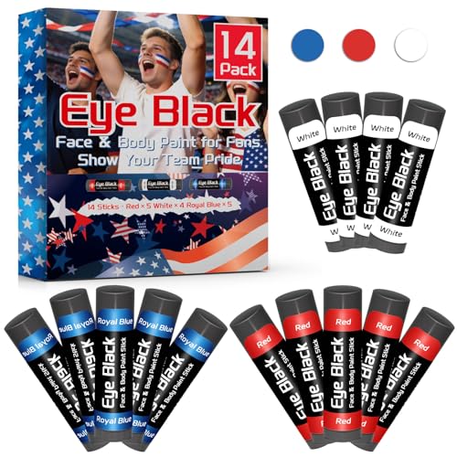 14 Pack Red White Blue Sports Eye Black for Baseball Football Softball Lacrosse Soccer Party Accessories for Kids & Adults USA 4th of July 250th Independence Day Face Paint