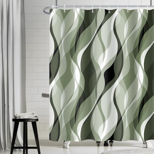 Uiiooazy Tenda Doccia Astratta Geometrica Verde Acqua - Tessuto Poliestere Impermeabile Antimuffa con 12 Ganci per Vasca da Bagno, Linee e Bande 180x180cm