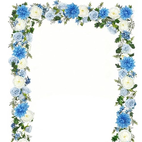 OrgMemory バラの花のつる 各6フィート 2個 牡丹ガーランド シルクフラワーつる 青と白の牡丹ガーランド ウェディングアーチパーティー ホームテーブルランナー マントルデコレーション用