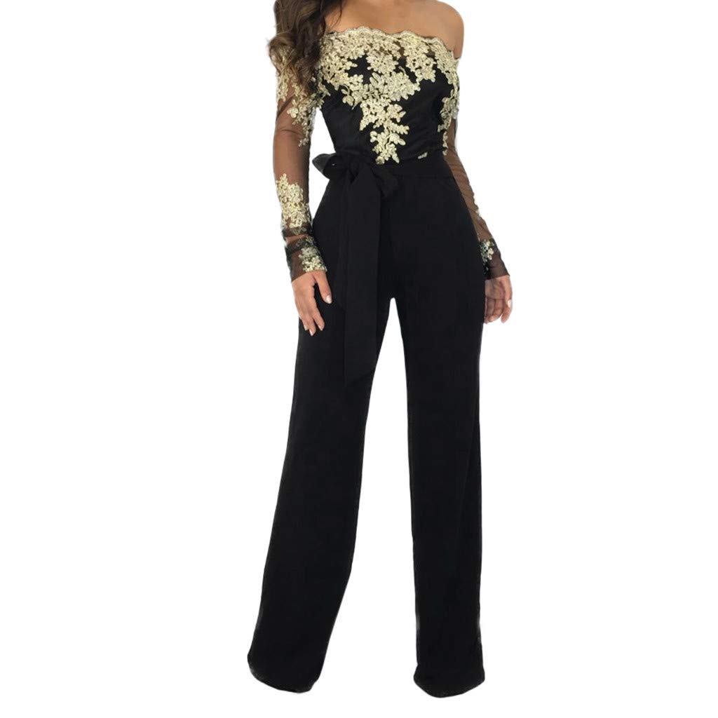 RISTHY Monos De Vestir Mujer Fiesta Fuera del Hombro Manga Larga Alto Cintura Elástico Vintage Atada con Pierna Ancha Otoño Invierno Encaje Monos Largos Cóctel Monos de Fiesta Pantalones