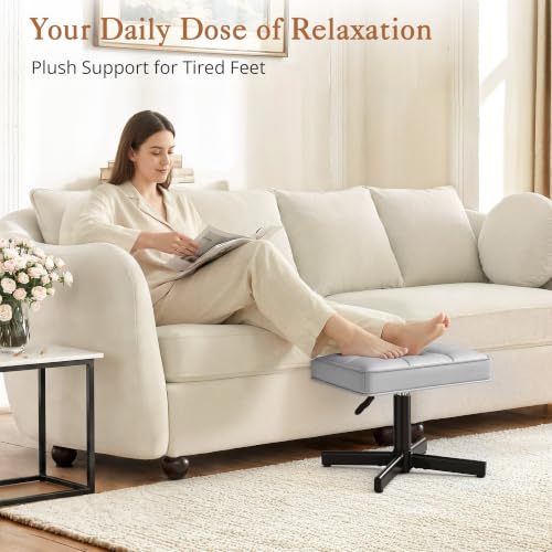 Image of LUE BONA Adjustable Vanity Stool, 15''-19.5'' Foot Rest Under Desk, 360 Swivel Vanity Chair for Makeup Room, Silver Upholstered Faux Leather Ottoman for Bathroom & Living Room, 300lbs