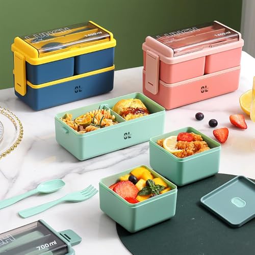 Image of Double Decker Lunch Box 1.4L | 3-in-1 Compartment Tiffin Box with 3 Detachable Containers & 2 Spoons | BPA Free Airtight & Leakproof Lunch Box for School, Office & Outdoor - Multicolor
