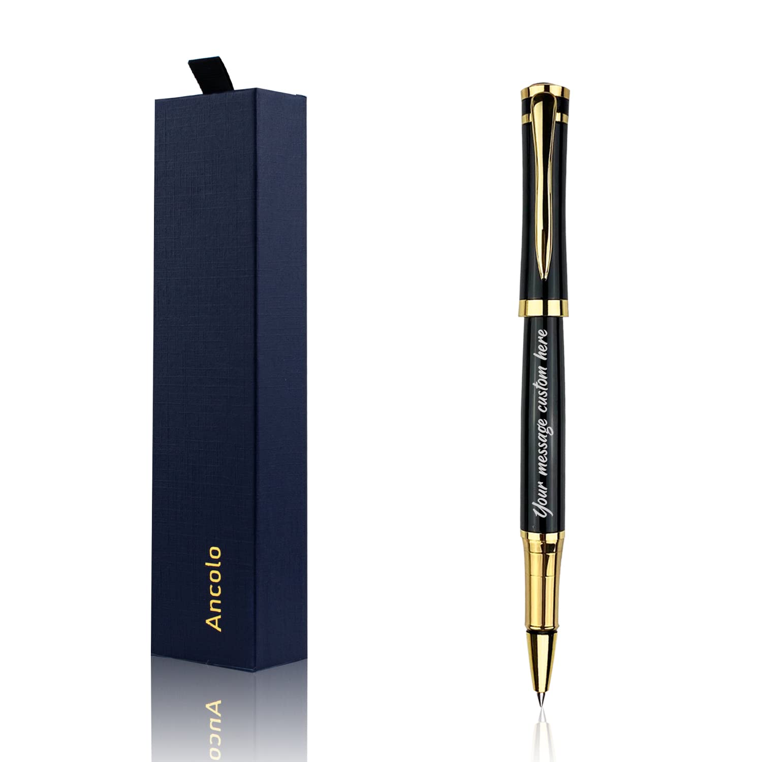 Ancolo Custom Luxury Black Roller Pen Set - Metal Body with Gift Box,2 Black Ink Refills Smooth Writing. Fancy Nice Gift Pen Set For Men, Women, Office, Business