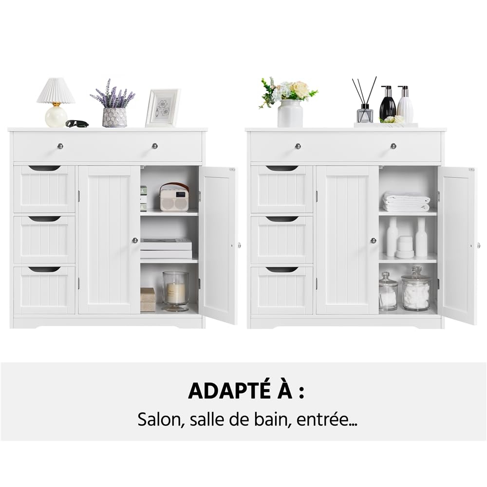 Yaheetech Meuble Rangement Salle de Bain, 81 cm × 30 cm × 81,5 cm Blanc | 4 Tiroirs 1 Placard avec 1 Plateau Réglable, Armoire Rangement Salle de Bain Salon Entrée Cuisine