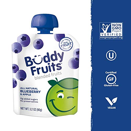 Buddy Fruits Pure Blended Fruit To Go Apple and Blueberry Applesauce | 100% Real Fruit | No Sugar, Non GMO, Vegan, Gluten Free, No Preservatives, BPA Free , Certified Kosher | 3.2oz Pouch 18 Pack
