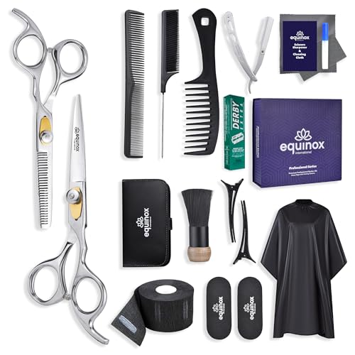 Equinox Professional Hair Scissors Set - Pro Barber Kit, Includes Cutting Scissors, Thinning Shears, Straight Razor, 3 Combs, Clips, Grippers - Salon & Barber Supplies, Hair Tools