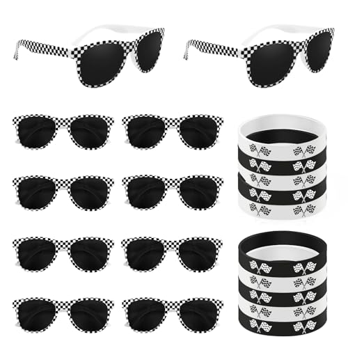 PLUVAVA 20 Pieces Race Car Checkered Sunglasses Flag Wristbands Black White Checker Sunglasses Silicone Flag Bracelets for Racing Theme Checkered Party Favors Summer Pool Beach
