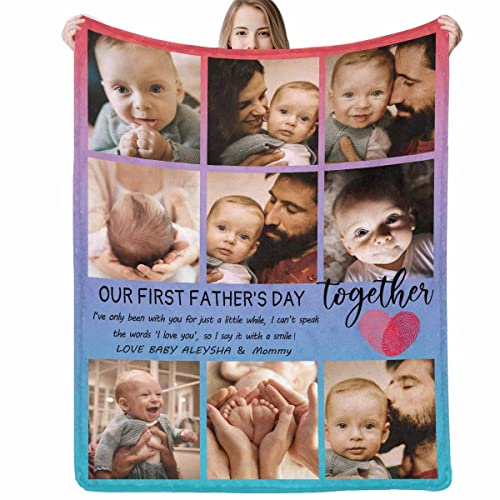 D-Story Happy First Father's Day Blanket Personalized Photo Text Using My Own Photos, 1st Blanket with Pictures for Kids Infant Son Daughter Wife, Multi Colors