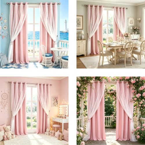 Image of Pink Blackout Curtains with Lace Hems Sheer Overlay, 2 Panels, Thermal Insulated & Soundproof, Room Darkening, Living Room, Bedroom - Modern Elegant Romanntic Pink Drapes, 52x84 Inches