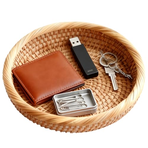 Ceriselle Bandeja para Llaves Trenzada, Bandeja de Almacenamiento de 19 cm con Aspecto de ratán y Cesta de Pan, Bandeja Redonda Decorativa para Llaves, Monedas y Carteras, para Pasillo y mesita de