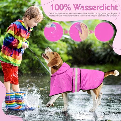 Weesiber Regenmantel Hund - Hunderegenmantel Wasserdicht Regenjacke Hund Reflektierend mit Leinenloch, Regencape für Hunde Mit Kapuze (L, Rosa)