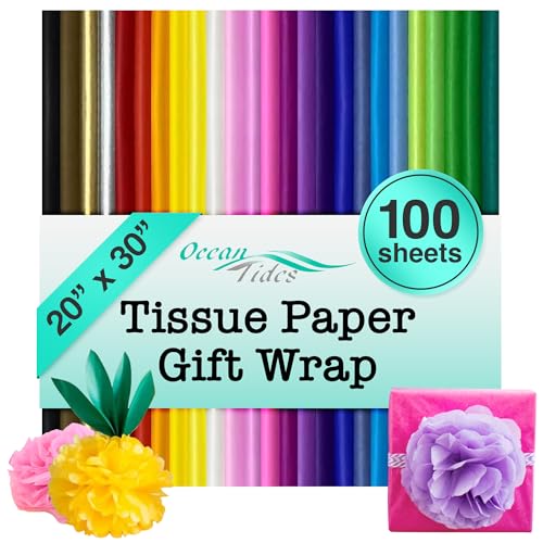 Ocean Tides Premium 100 Sheets (20 x 30 Inches) Valentines Wrapping Paper 25 Colors Gift Wrapping Tissue Paper Bulk for Romantic Gifts & Birthdays Colored Tissue Papers for Gift Bags Assorted
