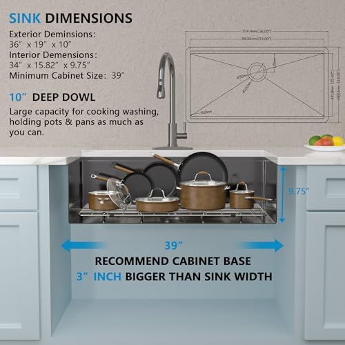Image of 36 Undermount Kitchen Sink Black - Fulorni 36 inchx19 inch Kitchen Sink Ledge Workstation Gunmetal Black NANO-PVD 16 Gauge 304 Stainless Steel Under Counter Large Single Bowl Basin