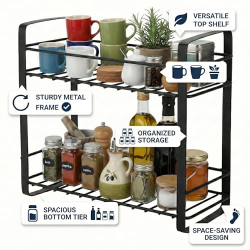 Image of TechSrmaji 2 Tier Stainless Steel Kitchen Rack | Multipurpose Storage Shelf for Kitchen & Bathroom | Rust Proof Dish Rack, Spice Organizer, Bathroom Shelf (Black)