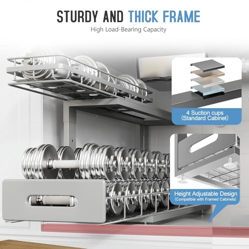 Image of Under Sink Organizer Upgrade To Professional Rails,2-Tier Dual Pull Out Cabinet Storage,Height Adjustable Slide Out Drawers For Bathroom Kitchen,1 Pack-21 inchDx12.8 inch-16.9 inchH,Gun Gray