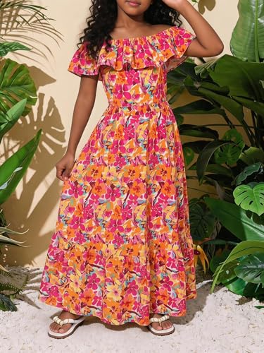 Image of BEAUDRM Girl's Summer Outfits Tropical Summer Dress Hawaiian Off Shoulder Tops and Ruffle Skirt Set Vacation Beach Clothes