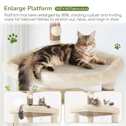 Image of Globlazer Extra Large Platform Cat Tree, 65in Tall Sturdy Cat Tree for Indoor Cats Large Adult, Big Cat Tower for Big Cats with 3 Enlarged Perches, 6 Scratching Posts, Cat Condo, Hammock, S65, Beige