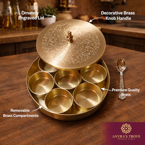 Image of ANYRA'S TROVE Pure Brass Spice Box Set with Spoon(7 Containers) Pital Masala Box For Kitchen|Spices Masala dabba|Masala Dani|Anjarai Petti|Namak Dani|Container|gifting for Home