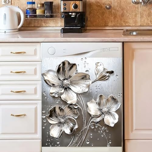 Image of HOMETITUTE Silver Flower Magnetic Dishwasher Cover 23x26 Inch Embossed Water Drop Floral Panel Decorative Magnet Sticker for Kitchen Appliance Fridge Door Surface Wrap Modern Metal Art