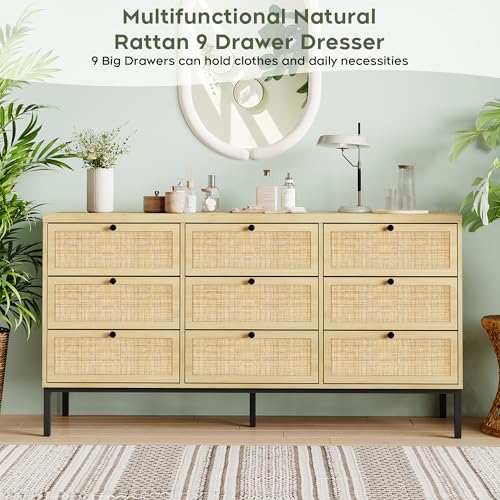 Yechen 59" Wide 9 Drawers Rattan Dresser, Light Wooden Chest of Drawers, Large Boho Dressers with Smooth Metal Slides, Mid-Century Natural TV Stand, Organizer for Bedroom Nursery Closet - Image 4