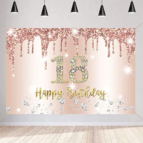 Happy 18th Birthday Backdrop Banner Party Decoration for Girl Happy 18 Years Old Fabric Sign Poster, Glitter Rose Pink Photography Background 18th Birthday Party Supplies, 150x90cm