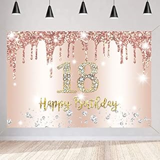 Happy 18th Birthday Backdrop Banner Party Decoration for Girl Happy 18 Years Old Fabric Sign Poster, Glitter Rose Pink Photography Background 18th Birthday Party Supplies, 150x90cm