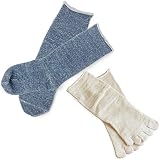 [ヒオリエ] 日本製 冷えとり靴下 内絹外綿ソックス ＜Mサイズ＞ 2足セット 5本指＋カバーソックス 杢ブルー シルク
