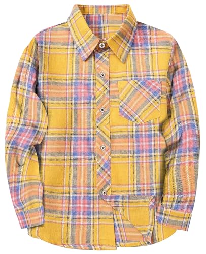 Image of SELINK Girls Long Sleeve Flannel Buffalo Plaid Button Down Shirt | Soft Flannel Fabric,Classic Buffalo Plaid Button Down Collared Blouse For Girls Casual Daily Outfits